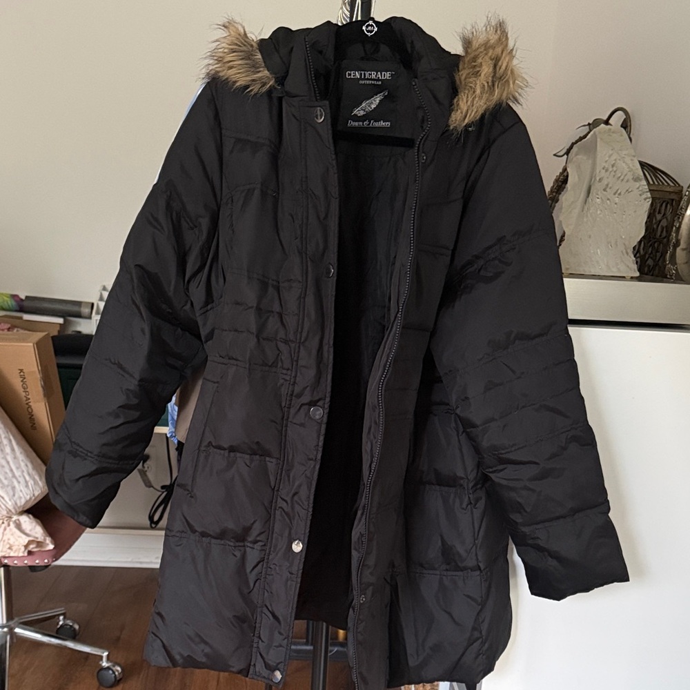 Centigrade Women's Black Puffer Jacket with Faux Fur Hood